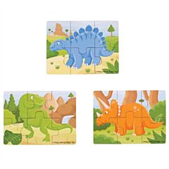 Puslespil i træ - dinosaurer, 3 forskellige motiver - Bigjigs