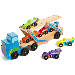 Lastbil i træ med 6 racerbiler - blå - Melissa & Doug 